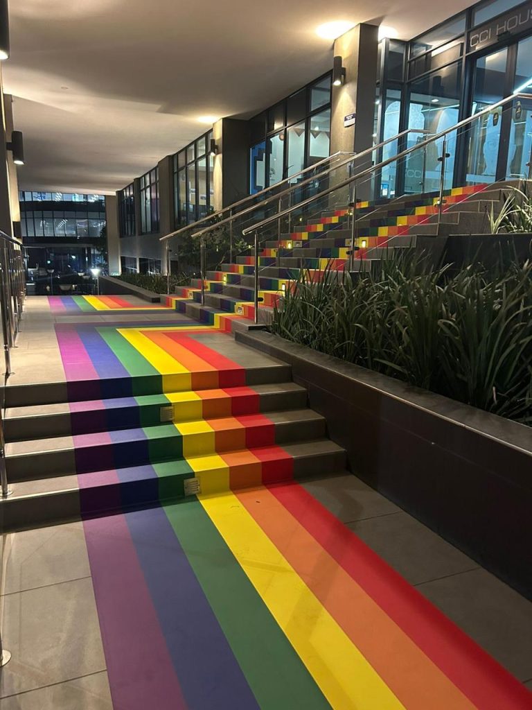 Prestige combined Drytac’s Polar Grip and Protac Floortex 200 laminate to create a series of colourful floor graphics to decorate the front entrance of a call centre office building.