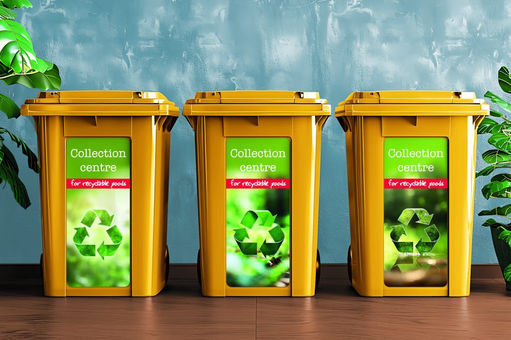 Three green garbage bins with LoopPET adhesive lined up against a textured green wall
