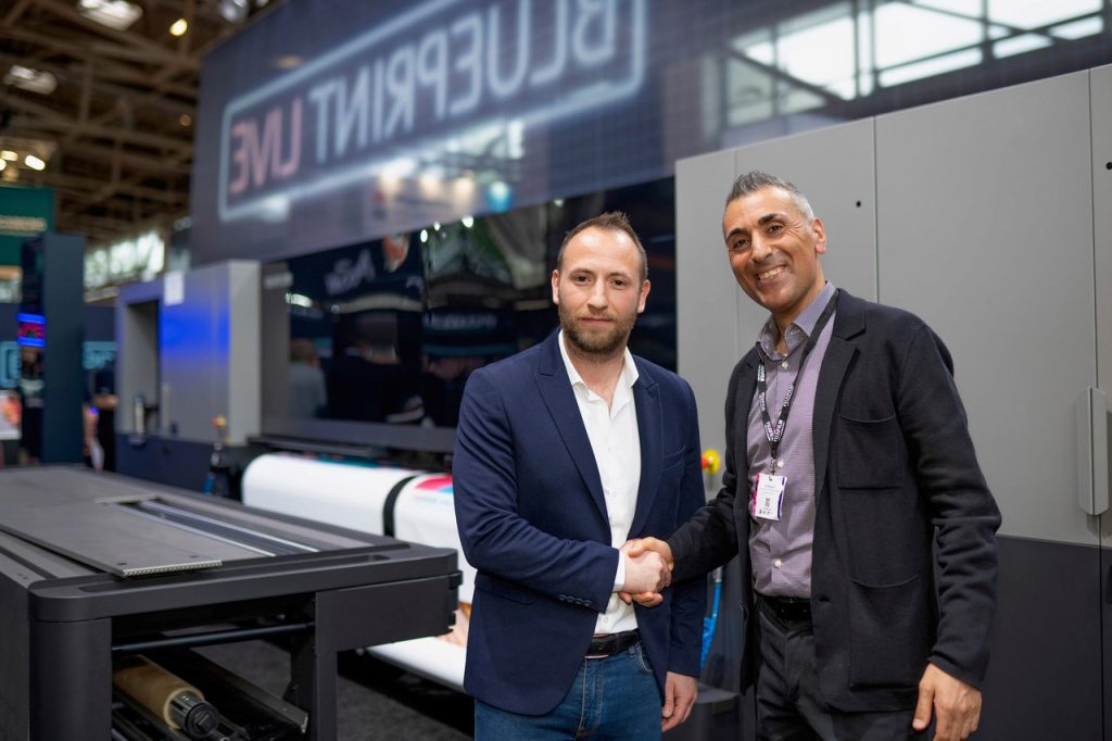 Sven Breiter, CEO of Fokina with Ali Meybodi, Sales Manager Wide Format, Fujifilm Germany with Fujifilm's Acuity Ultra Hybrid LED printer