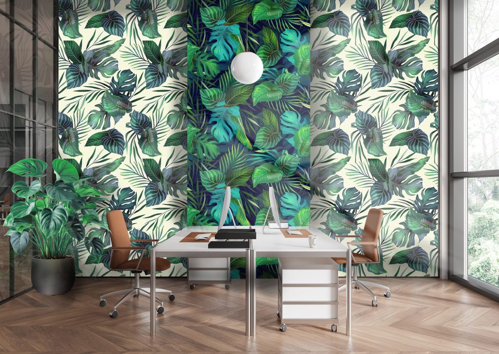 Drytac Paper Fleece Smooth wallpaper in a jungle pattern on an office wall.