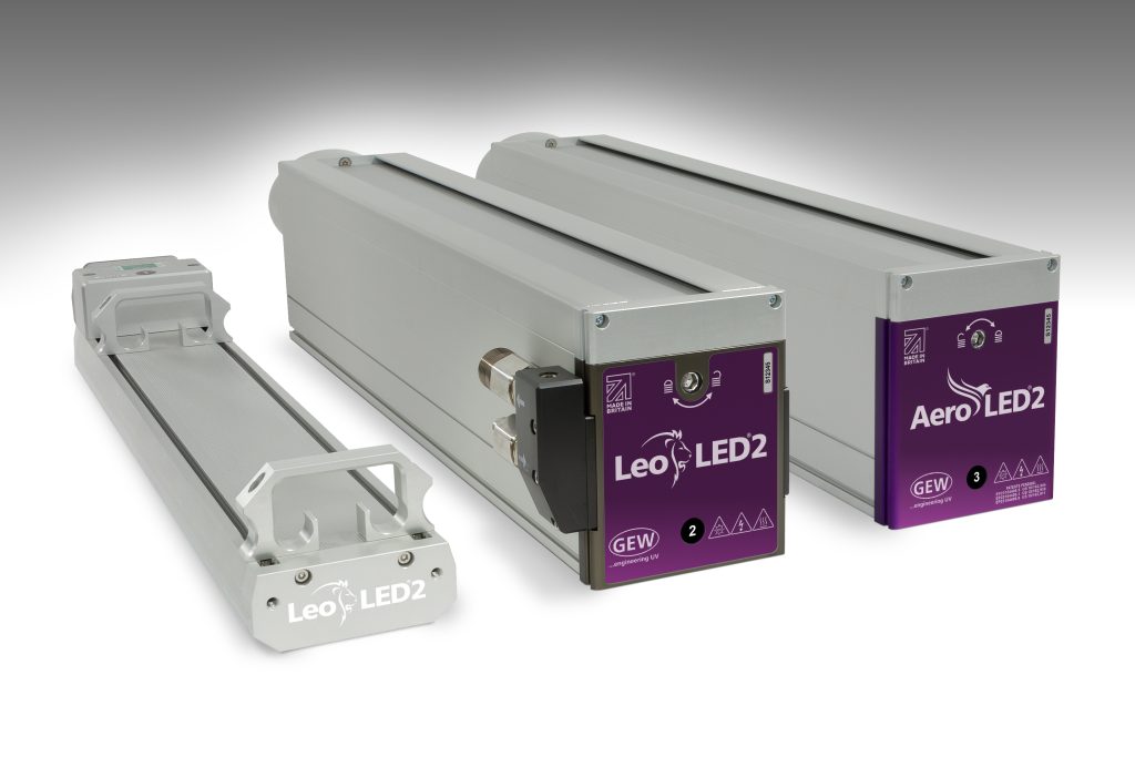 AeroLED2 will be launched as a higher power successor to GEW’s air-cooled AeroLED UV curing system, while LeoLED2 brings unprecedented performance levels to the already highly-acclaimed, water-cooled LeoLED system.