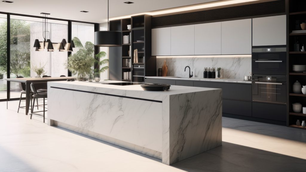 Front view of a modern designer kitchen with smooth handleless cabinets with black edges, black glass appliances, a marble island and marble countertops