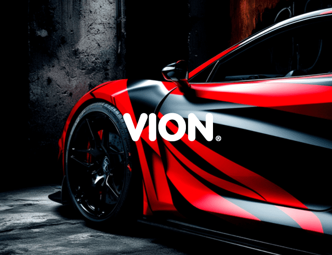 VION VWrap Pro Cast Wrap Film on a black and red car, with the word "vion" on front