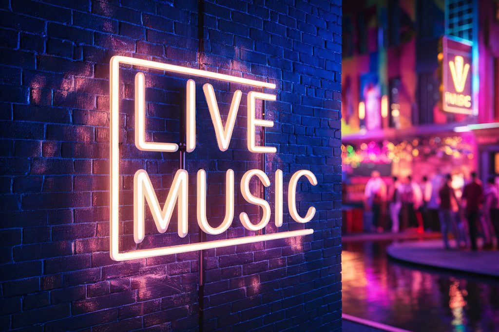 Live music text glowing neon sign on the brick wall with blurred background