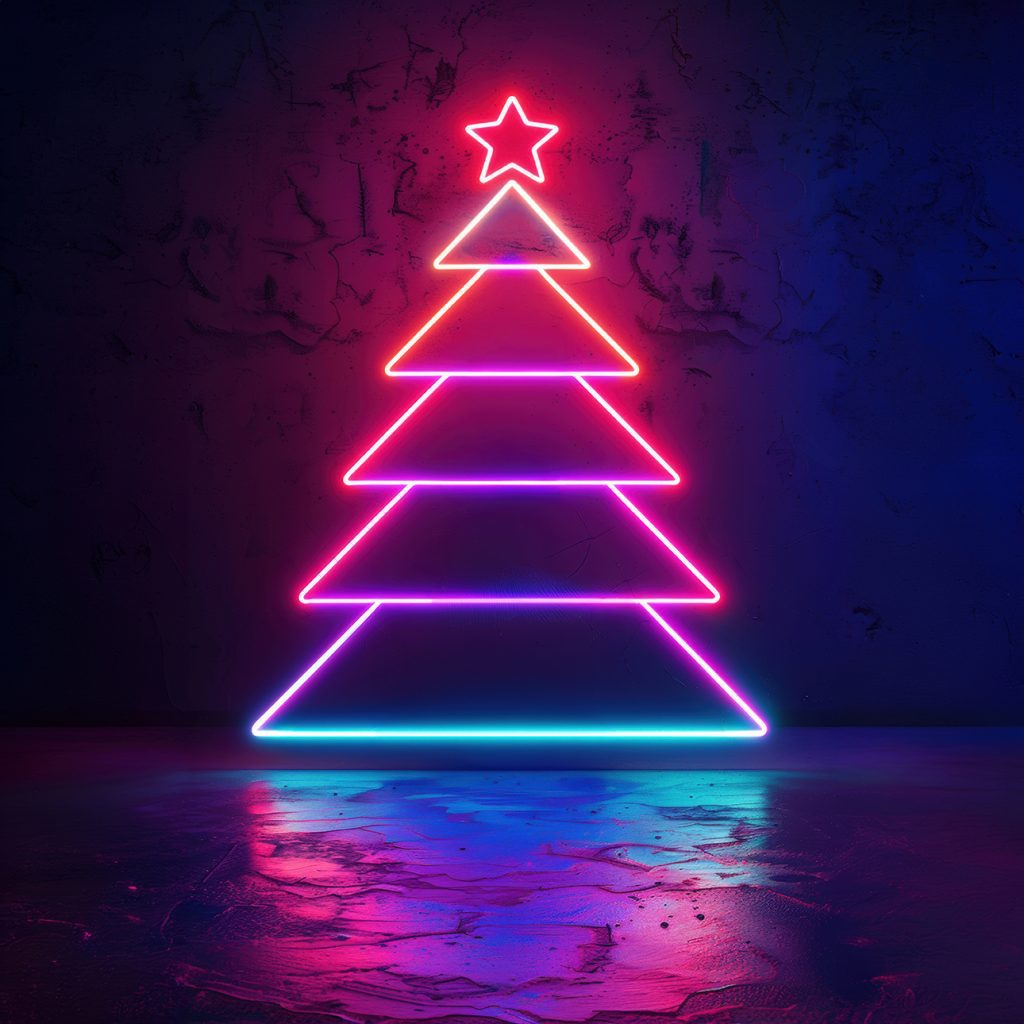 Glow neon Christmas tree on dark cement wall, blinking fir tree